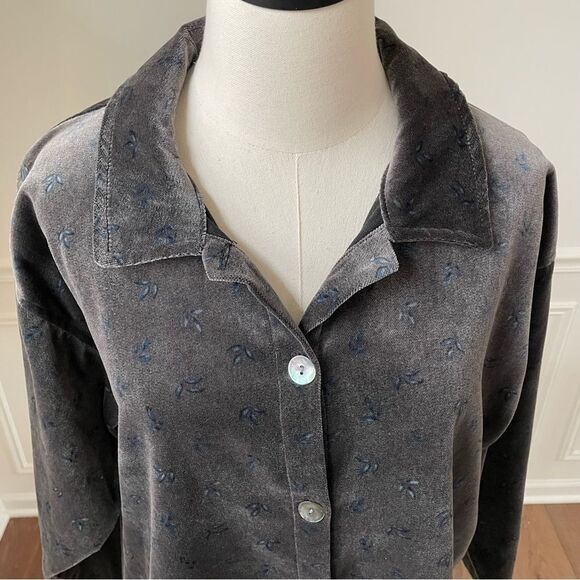 True Grit Petit Leaves Dark Grey Blue Leaf Velvet Boxy Shirt L - Picture 3 of 8